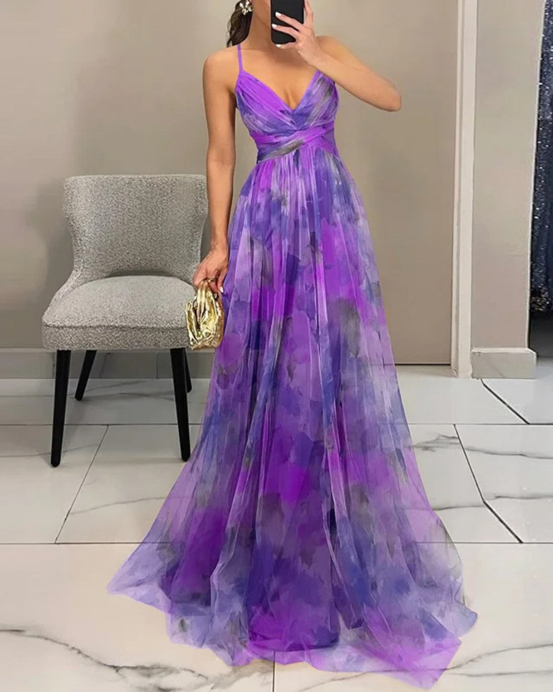 Watercolor Floral Print V-Neck Spaghetti Strap Flowy Maxi Dress 11