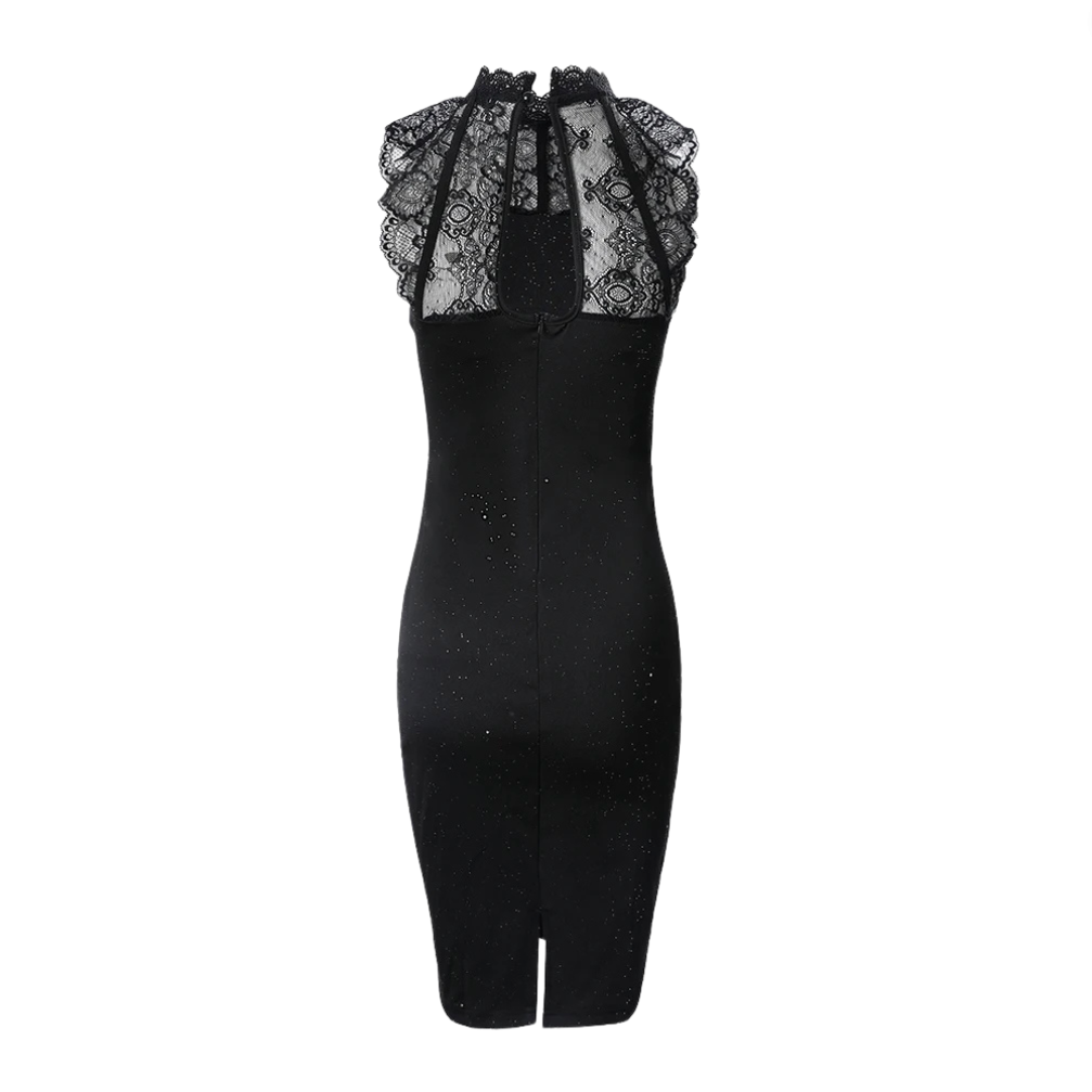 Halter Neck Lace Yoke Keyhole Back Glitter Bodycon Party Dress