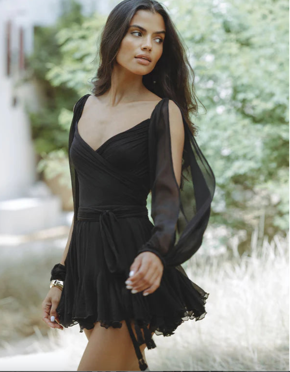 Deep V-Neck Wrap Tie Waist Cape Sleeve Tiered Ruffle Mini Dress - View 15