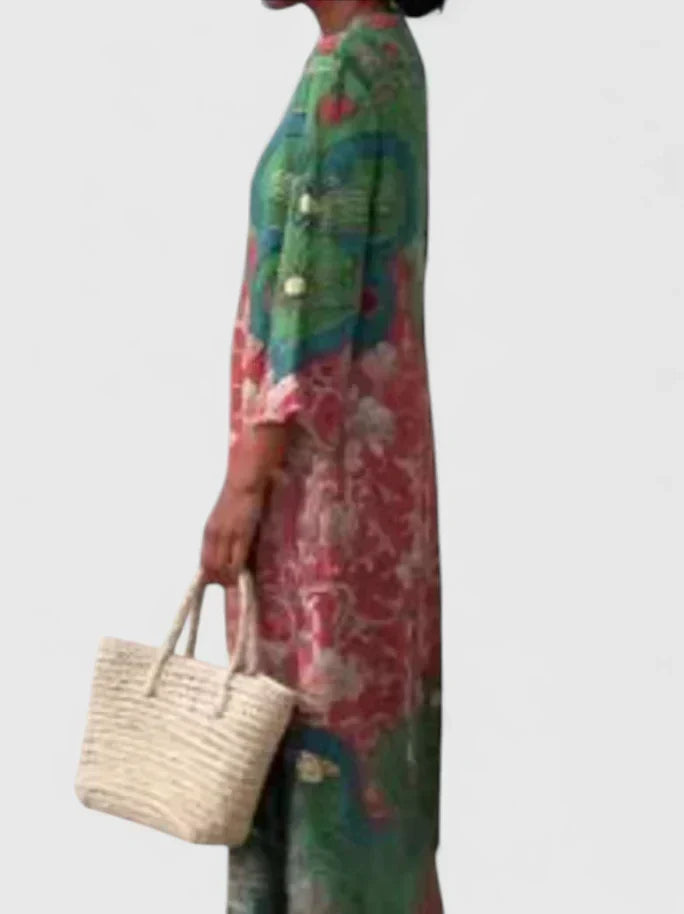 Ornate Floral Print V-Neck Half Sleeve Pocket Midi Dress 5