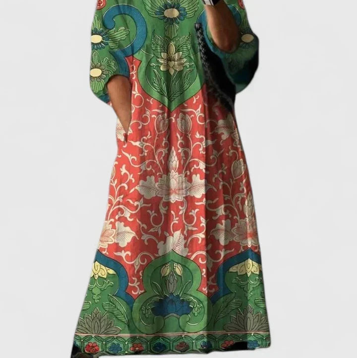 Ornate Floral Print V-Neck Half Sleeve Pocket Midi Dress 2