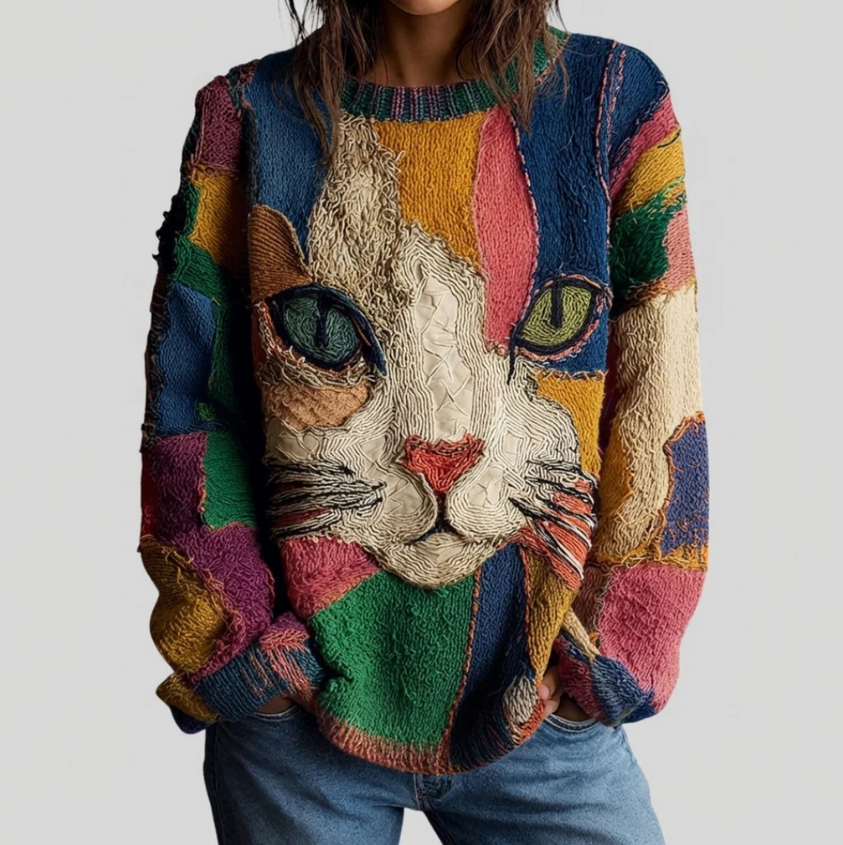 Crew Neck Long Sleeve Cat Face Print Knit Sweater 5