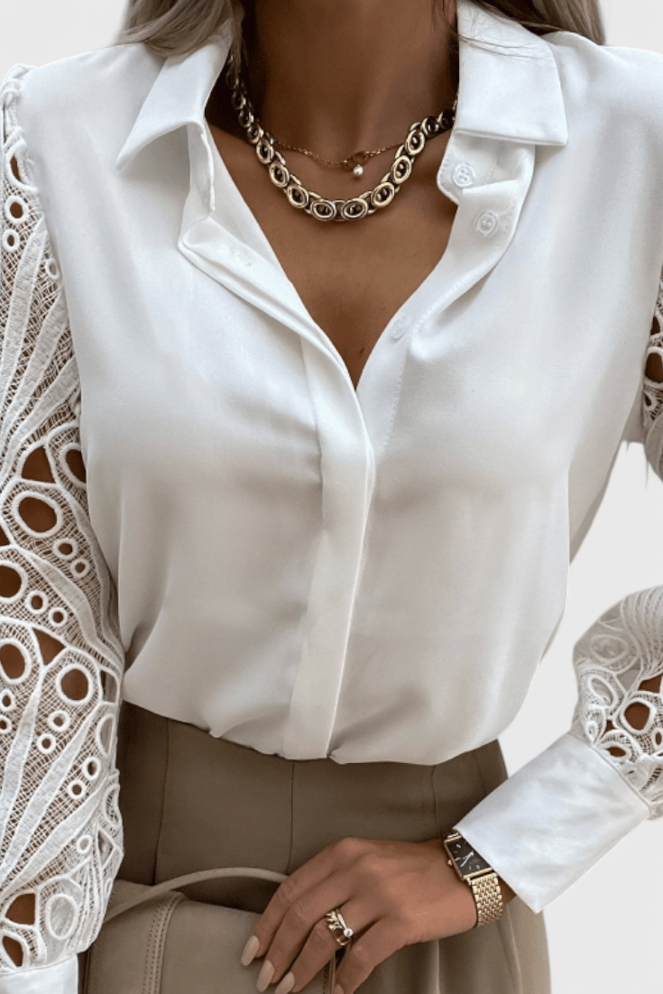 Collared Long Sleeve Crochet Lace Sleeve Satin Blouse