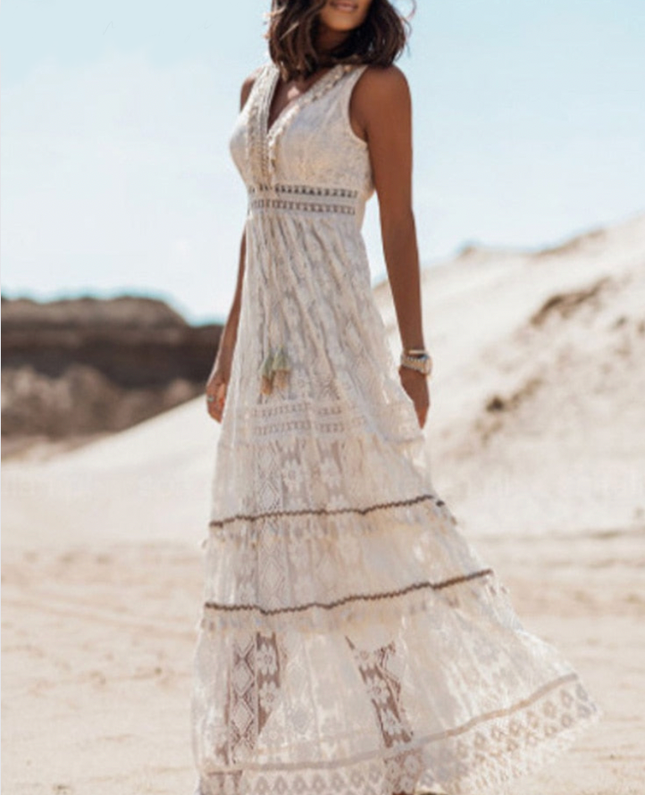 Crochet Lace Sleeveless Deep V-Neck Tassel High Split Maxi Dress - View 2