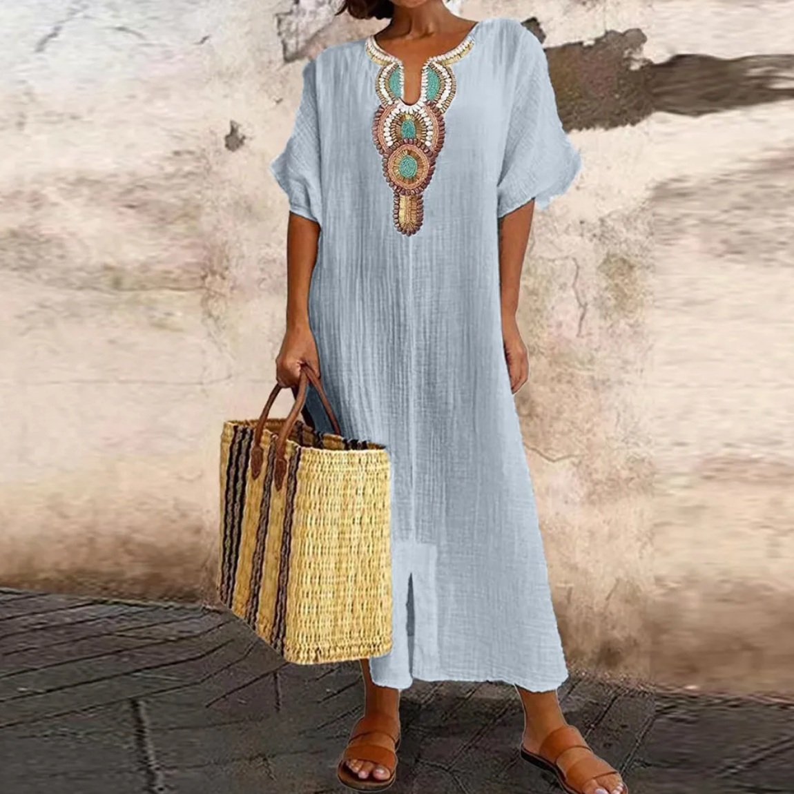 Embroidered Medallion V-Neck Short Sleeve Kaftan Maxi Dress