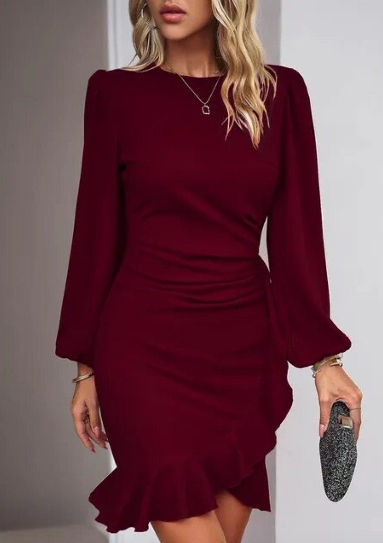Crew Neck Puff Sleeve Ruched Wrap Ruffle Hem Cocktail Mini Dress - View 4