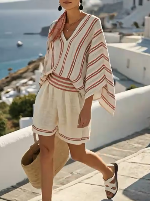 Striped V-Neck Batwing Sleeve Top and Shorts Two Piece Set 2