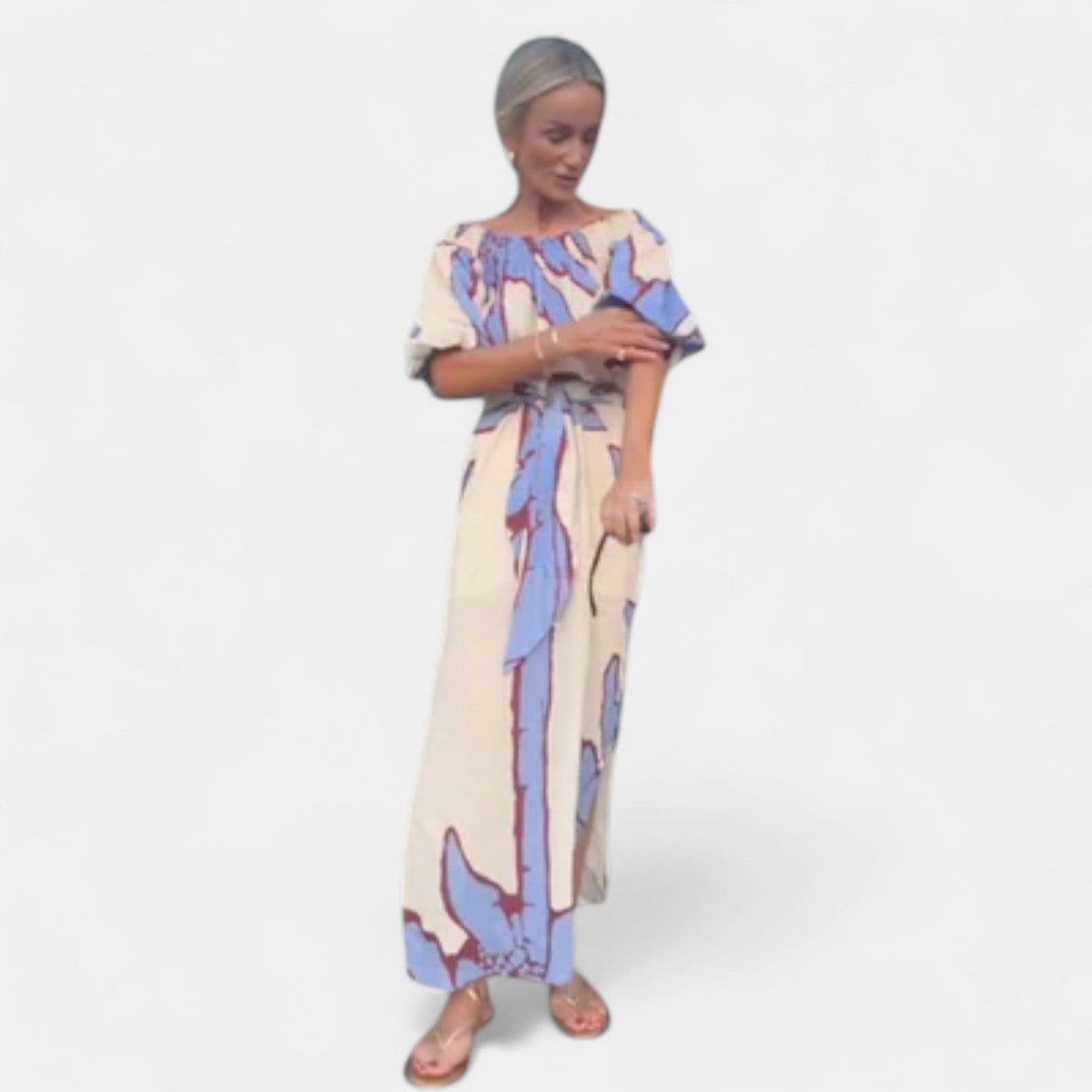 Leaf Print Off Shoulder Puff Sleeve Belted Maxi Dress 9