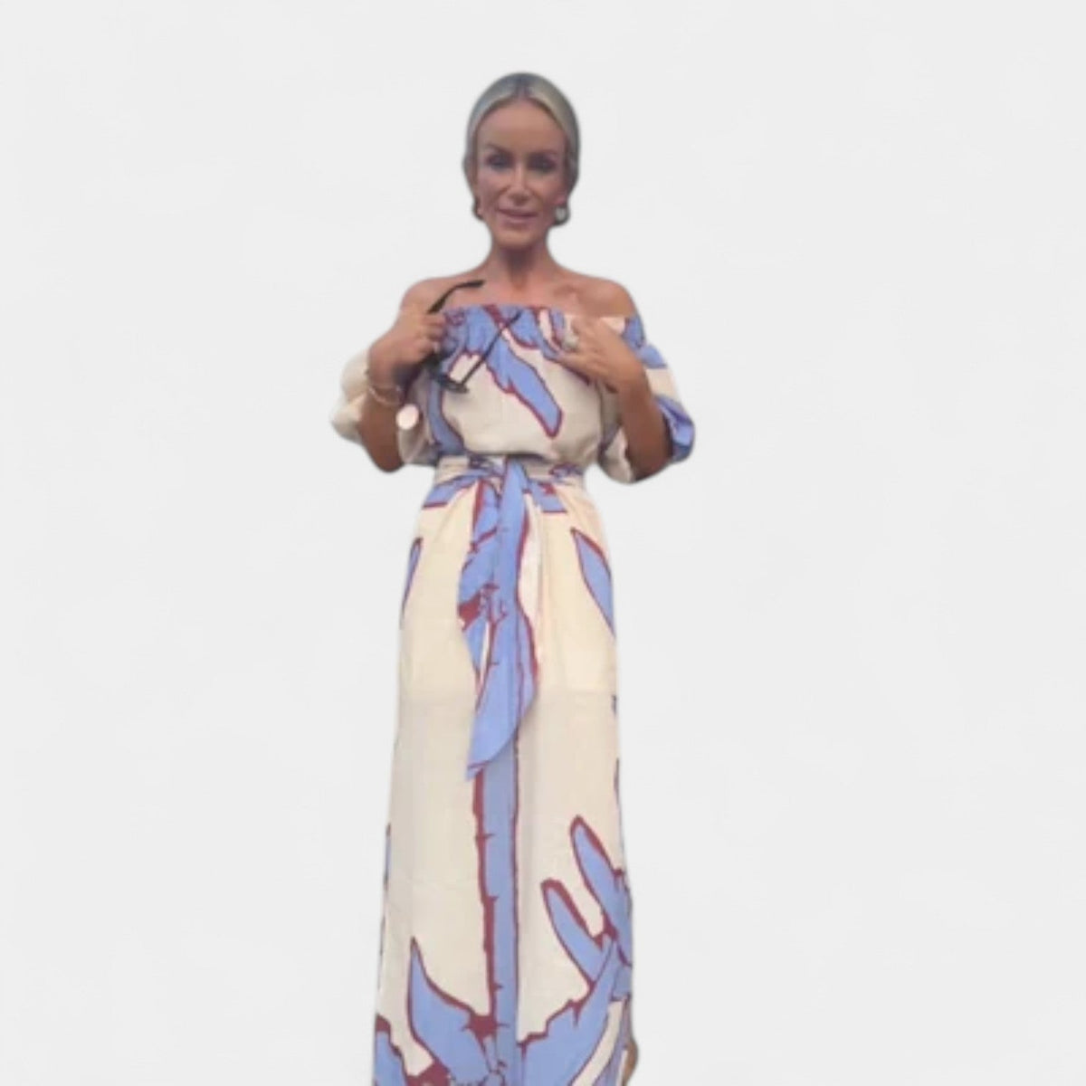 Leaf Print Off Shoulder Puff Sleeve Belted Maxi Dress 11
