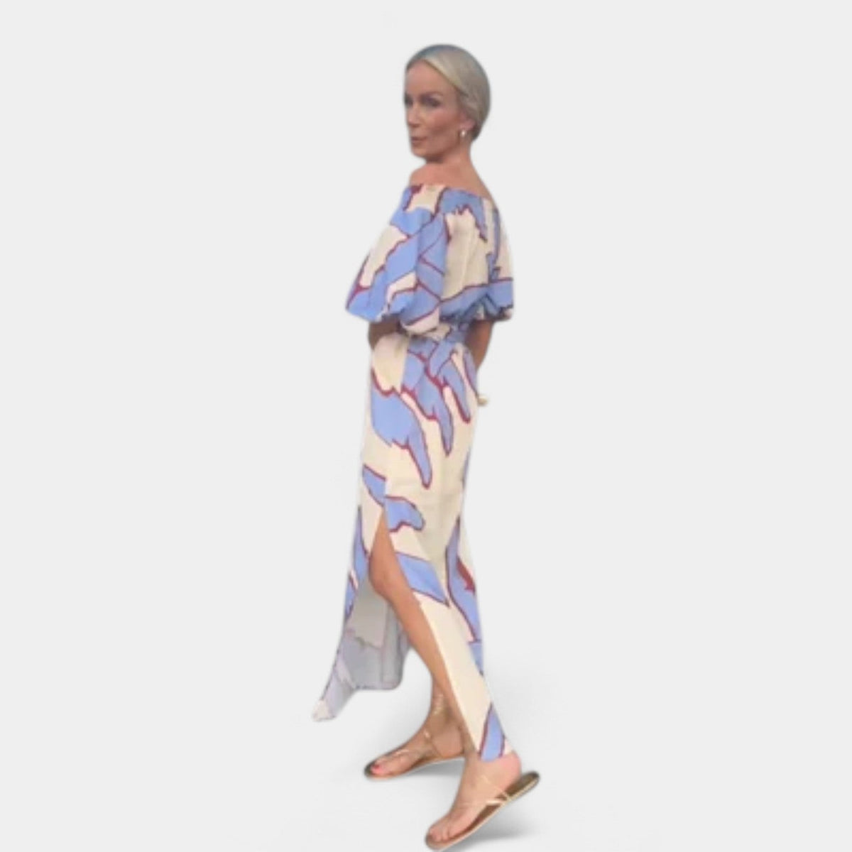 Leaf Print Off Shoulder Puff Sleeve Belted Maxi Dress 6