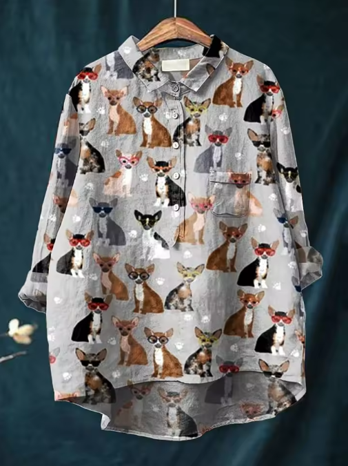Chihuahua Sunglasses Print Button Front Long Sleeve Shirt