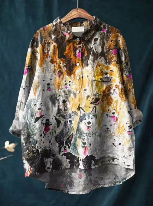 Dog Art Print Collared Long Sleeve Button Shirt