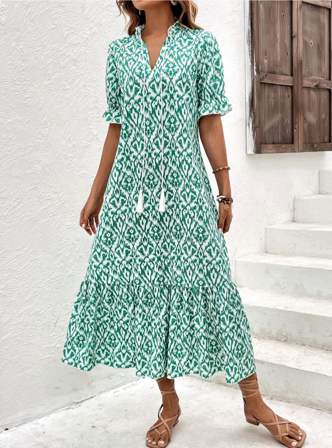 Ikat Print Collared Short Sleeve Tiered Maxi Dress 2