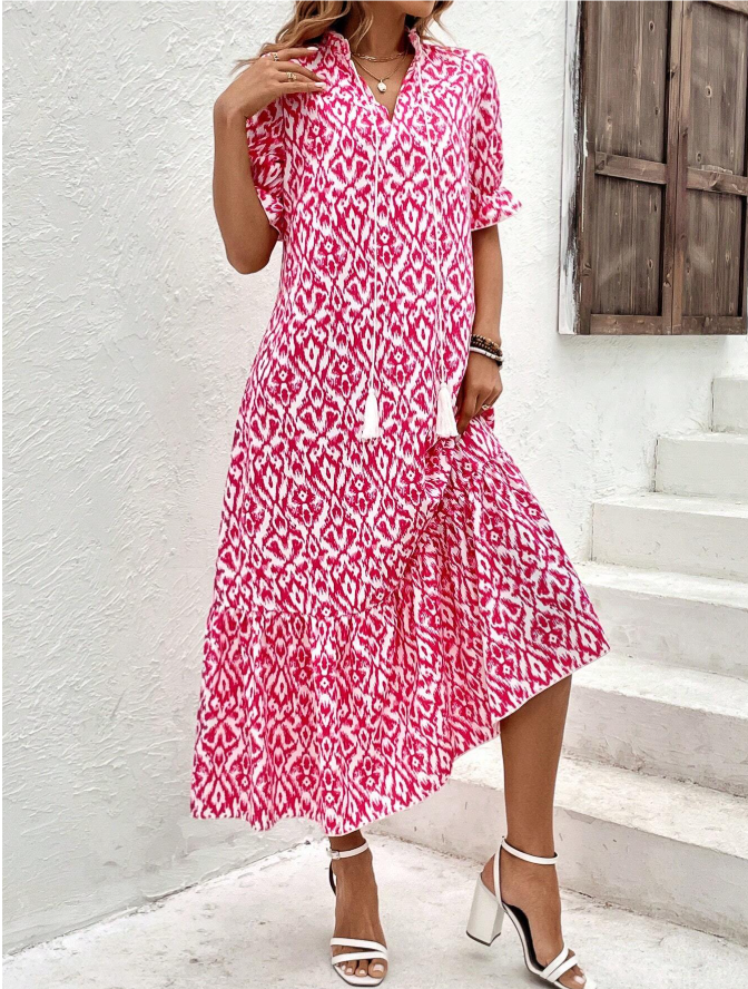 Ikat Print Collared Short Sleeve Tiered Maxi Dress 3