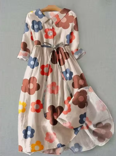 Floral Collared Half Sleeve Belted Midi Shirt Dress