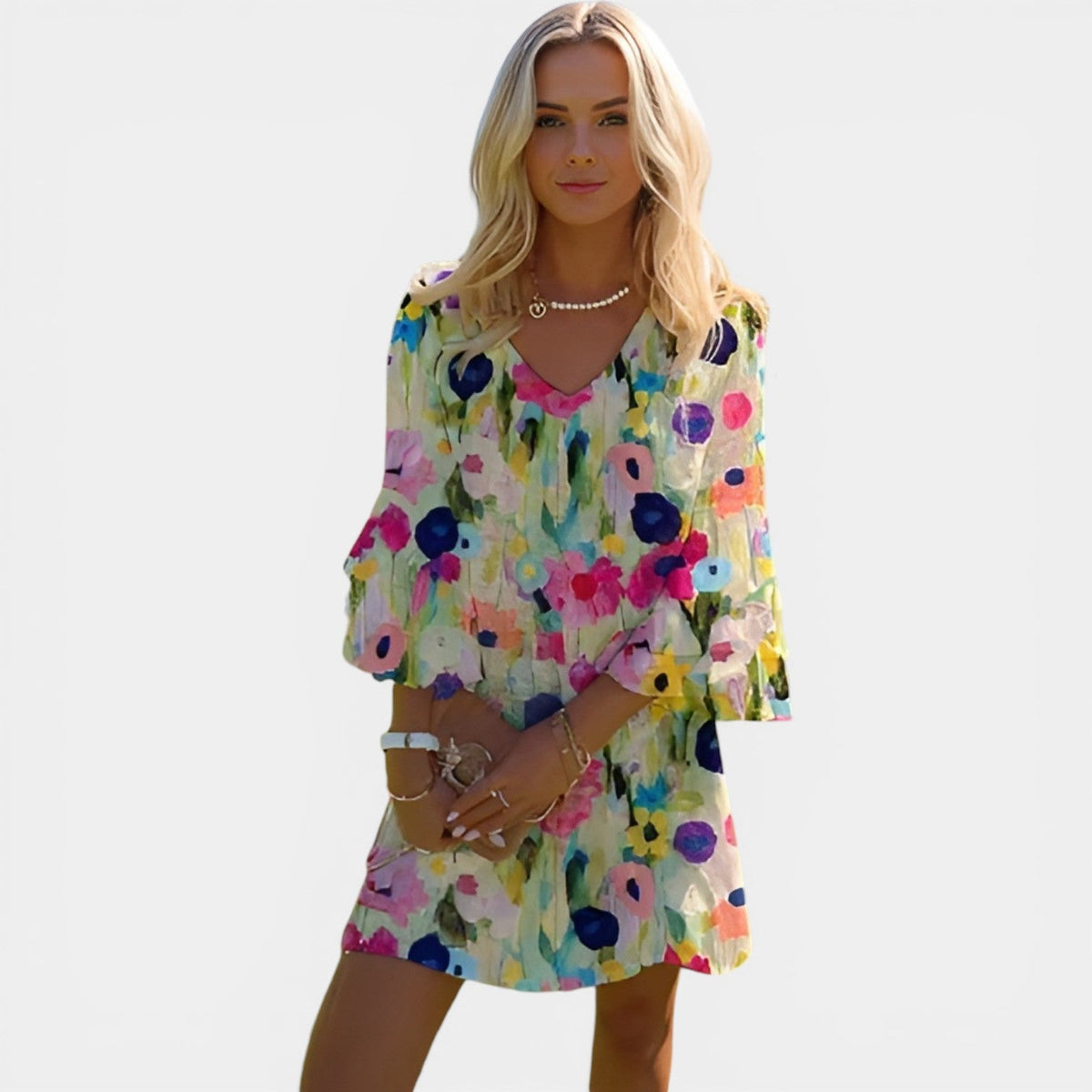 Watercolor Floral V-Neck Flare Sleeve Mini Dress 4