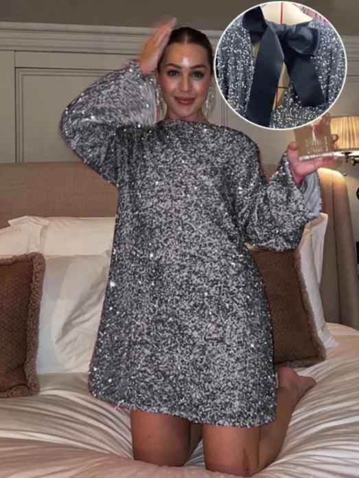 Sequin Long Sleeve Open Back Oversized Bow Back Mini Party Dress - View 9