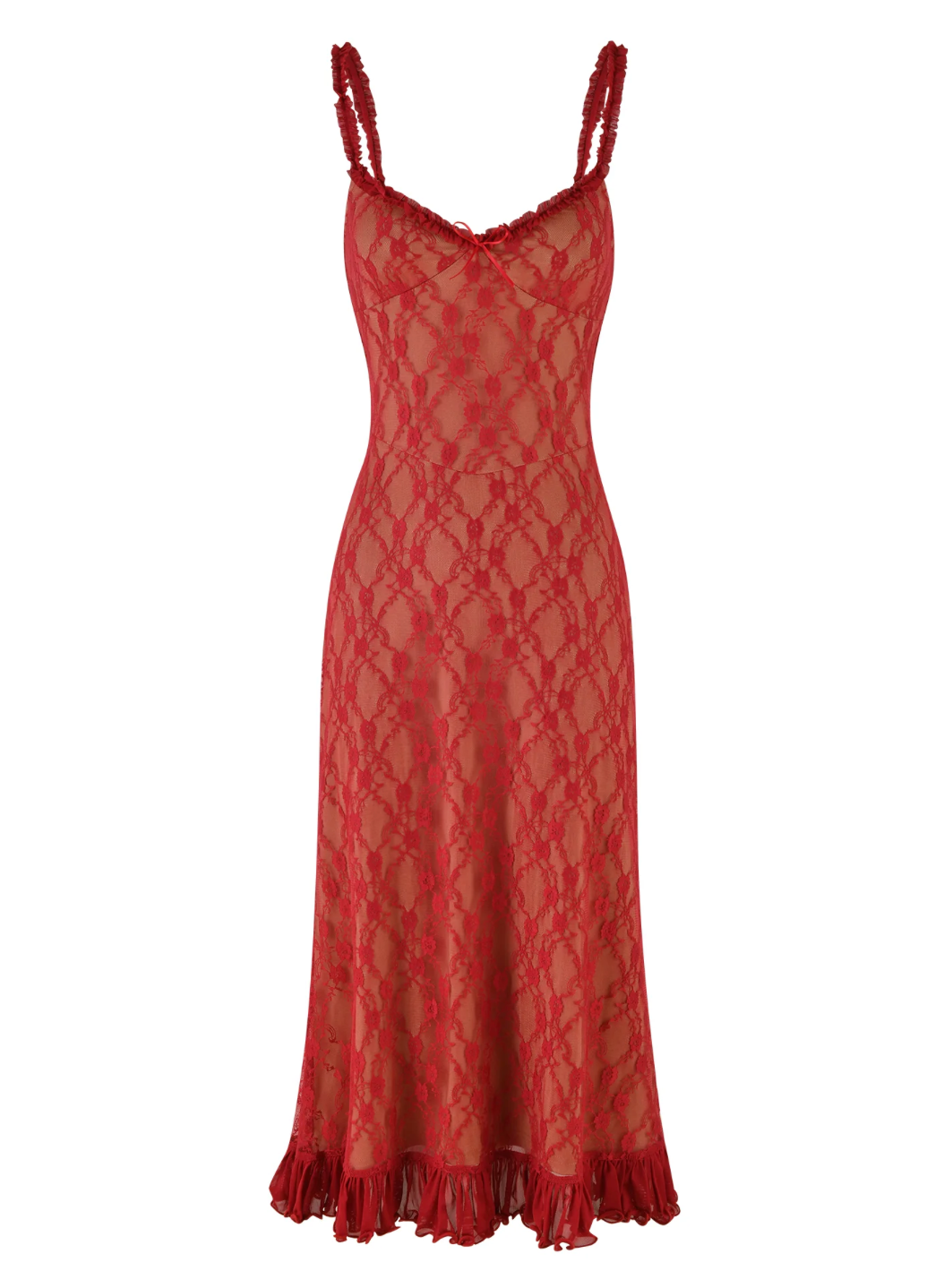Lace Spaghetti Strap Scoop Neck Bow Trim Ruffle Hem Midi Summer Dress - View 4