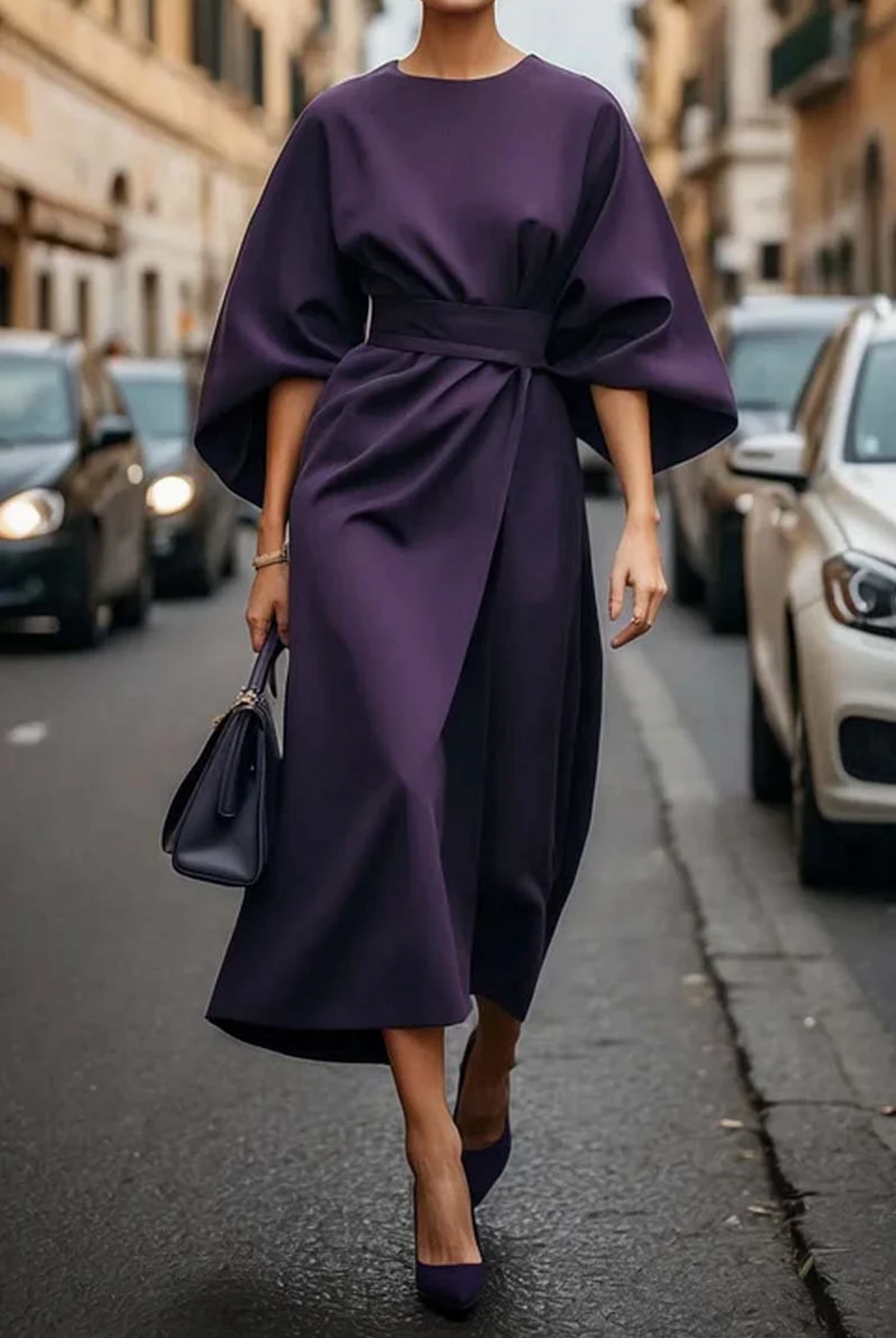 Round Neck Batwing Sleeve Belted Wrap Midi Dress 2