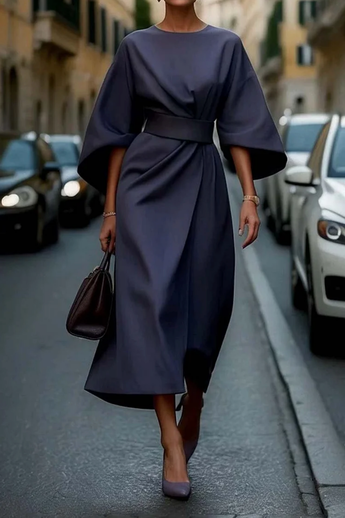 Round Neck Batwing Sleeve Belted Wrap Midi Dress 7