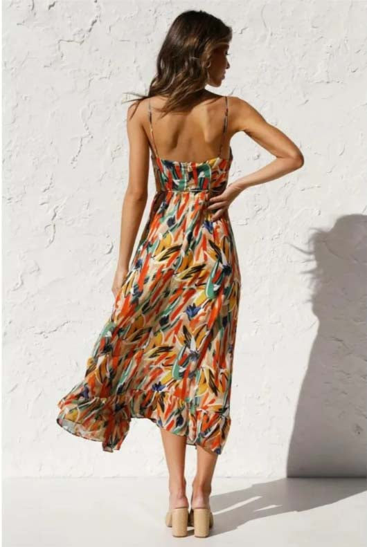 Spaghetti Strap Deep V-Neck Surplice Ruched Abstract Print Dress - View 4