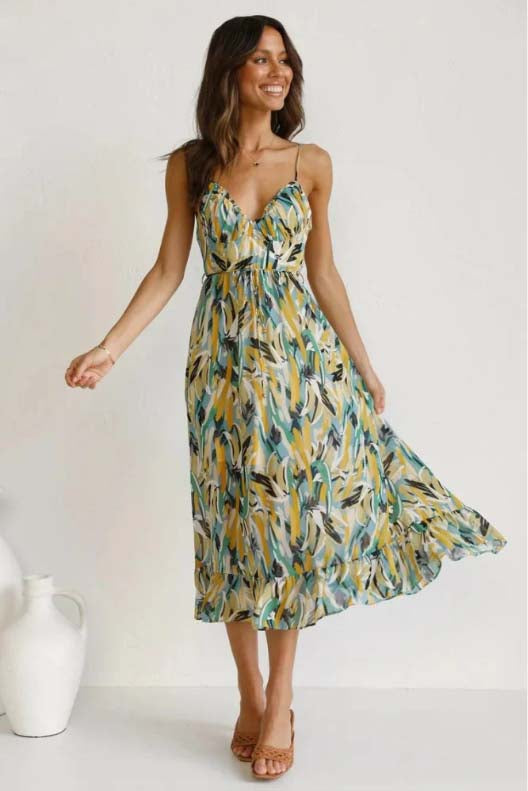 Spaghetti Strap Deep V-Neck Surplice Ruched Abstract Print Dress - View 5