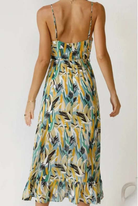 Spaghetti Strap Deep V-Neck Surplice Ruched Abstract Print Dress - View 6