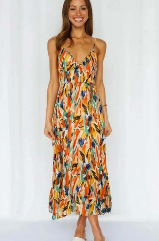 Spaghetti Strap Deep V-Neck Surplice Ruched Abstract Print Dress