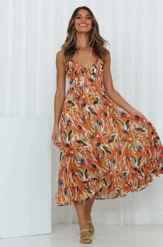 Spaghetti Strap Deep V-Neck Surplice Ruched Abstract Print Dress - View 7