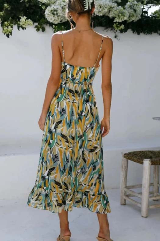 Spaghetti Strap Deep V-Neck Surplice Ruched Abstract Print Dress - View 9