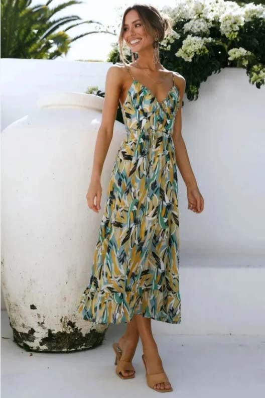 Spaghetti Strap Deep V-Neck Surplice Ruched Abstract Print Dress - View 10