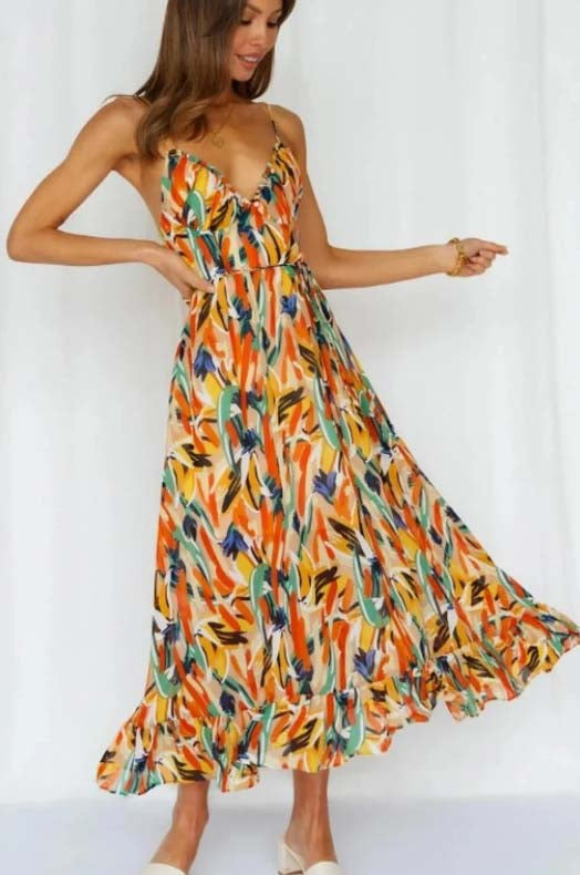 Spaghetti Strap Deep V-Neck Surplice Ruched Abstract Print Dress - View 11