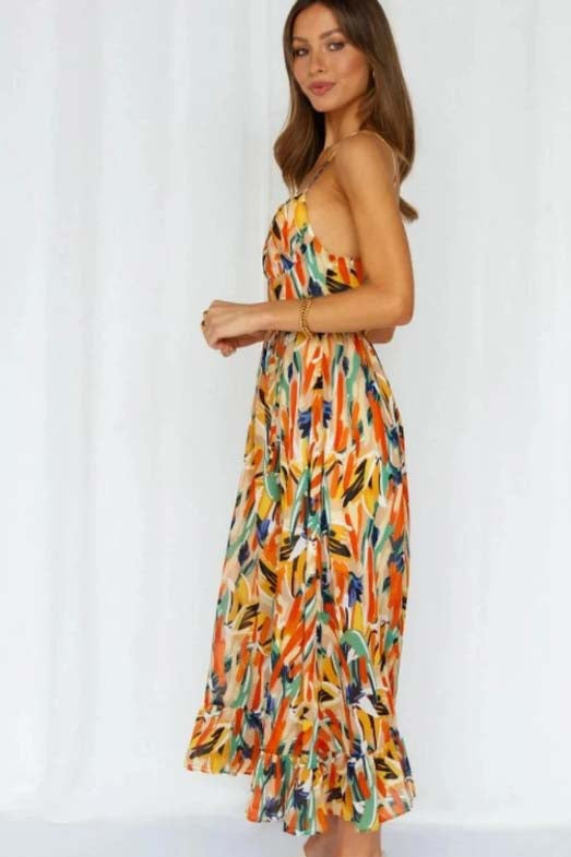Spaghetti Strap Deep V-Neck Surplice Ruched Abstract Print Dress - View 2