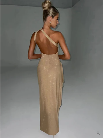 Sequin One Shoulder Open Back Diagonal Strap Bodycon Floor Length Gown - View 2