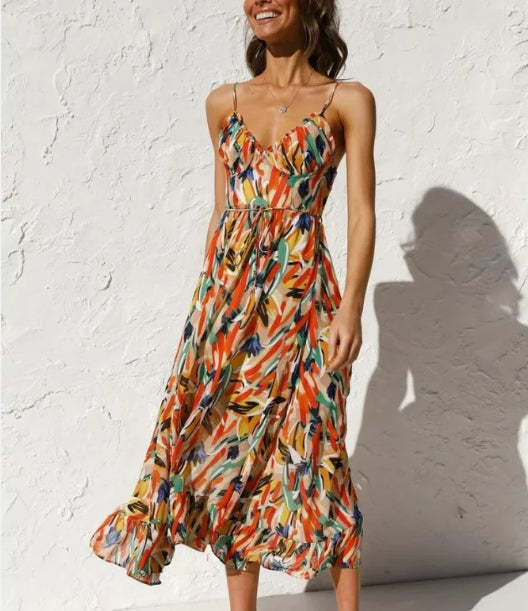 Spaghetti Strap Deep V-Neck Surplice Ruched Abstract Print Dress - View 14
