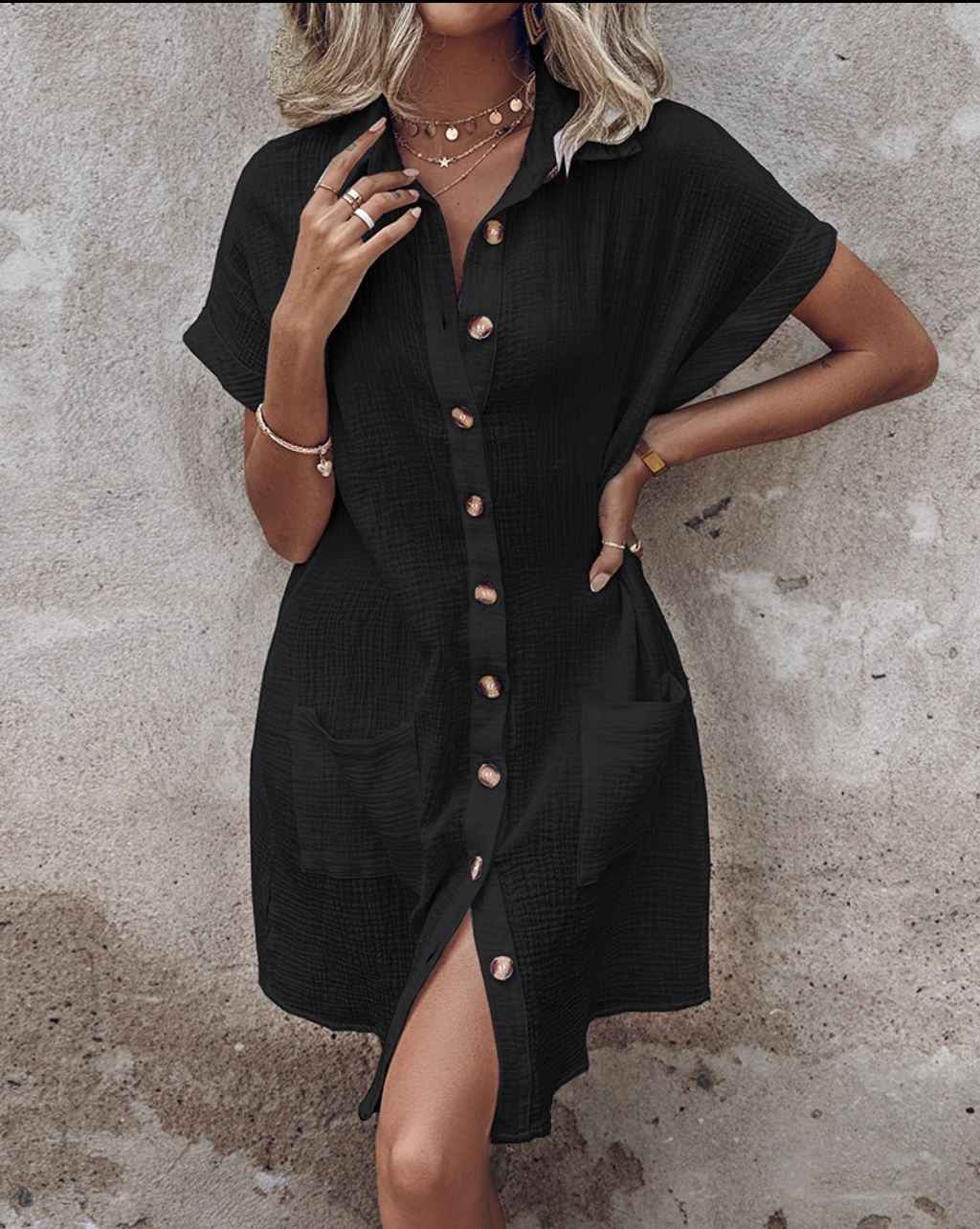 Textured Gauze Button Front Short Sleeve Shirt Dress 7