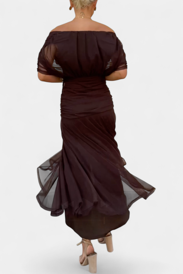 Off Shoulder Cross Front Ruched Mesh Maxi Dress 4