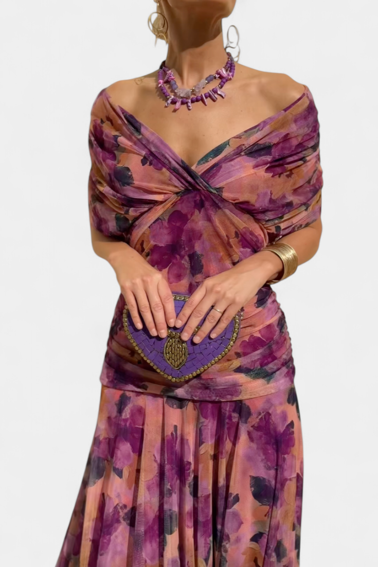 Watercolor Floral Off Shoulder Ruched Maxi Dress 13