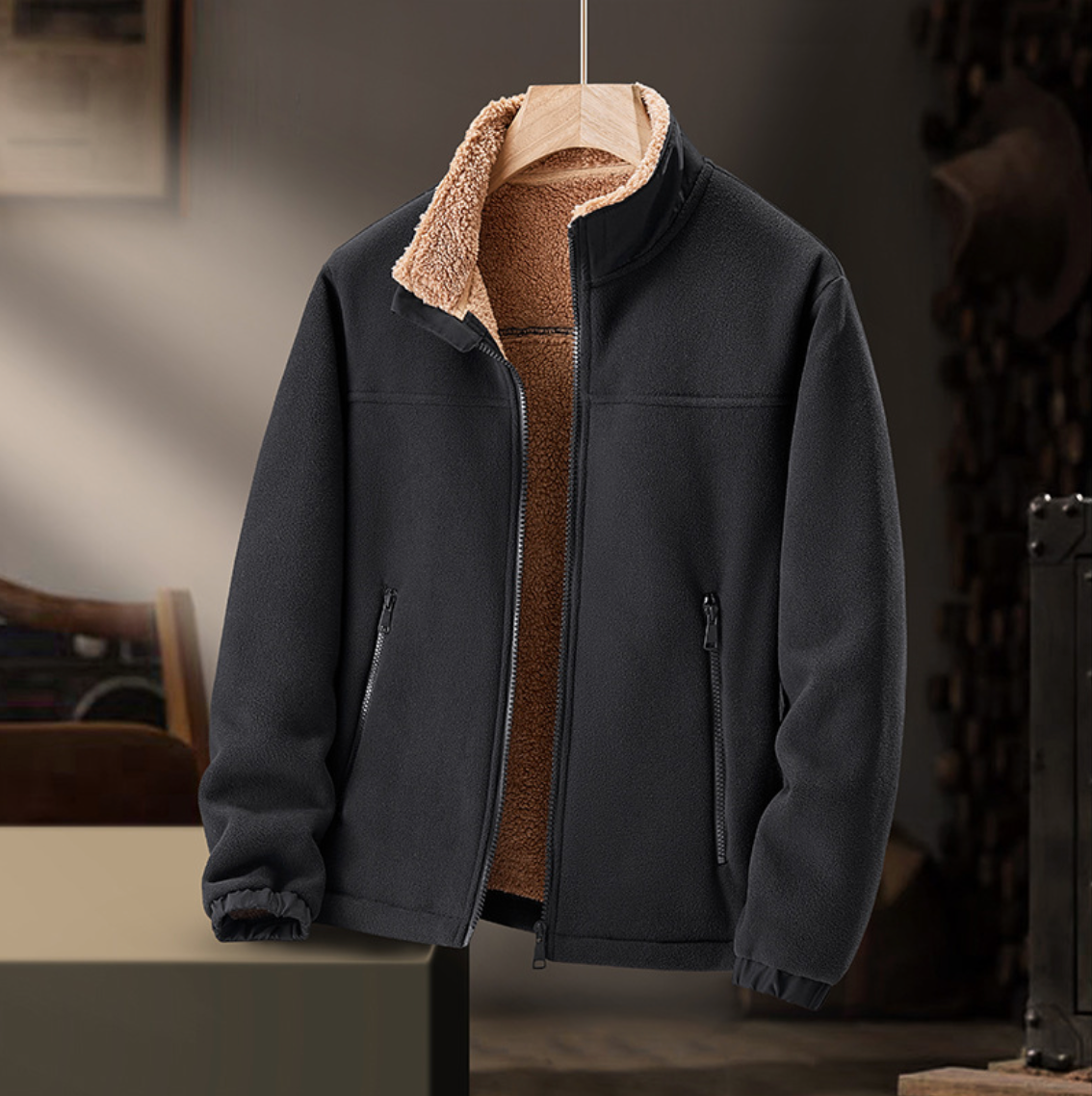 Sherpa Lined Stand Collar Zip Front Fleece Jacket 4