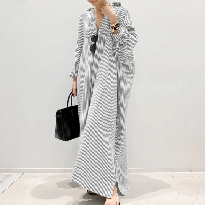 Striped Long Sleeve Button Front Oversized Shirt Maxi Dress 4
