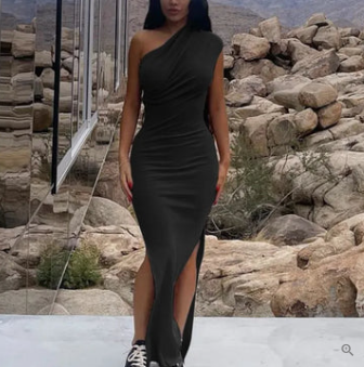 Ribbed Knit One Shoulder Asymmetrical Neck Bodycon Maxi Dress - View 4