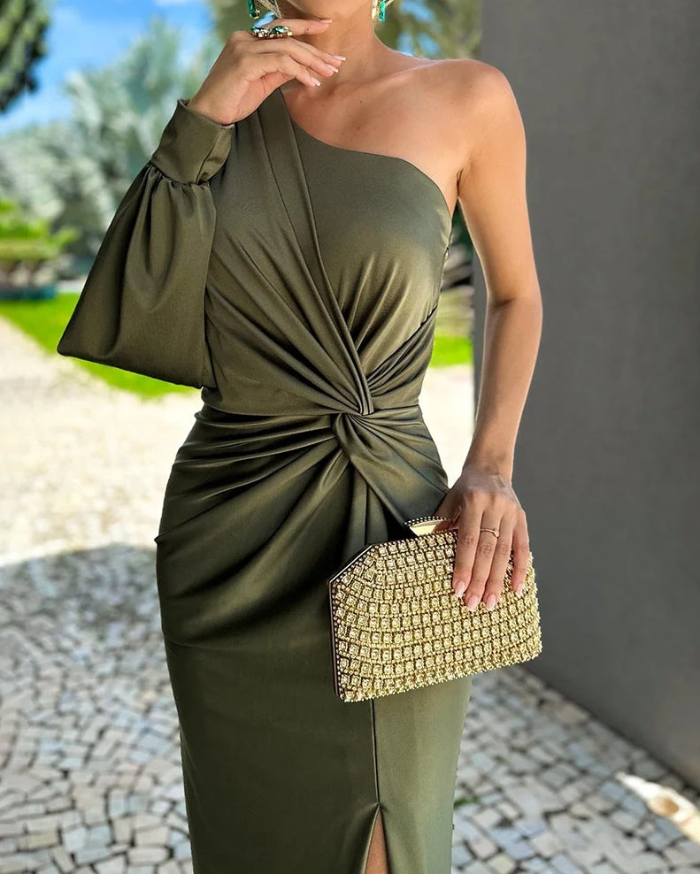 Satin One Shoulder Cape Sleeve Twist Front Ruched High Split Maxi Gown - View 3
