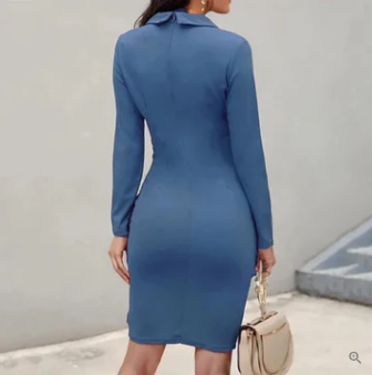 Pointed Collar Long Sleeve Bodycon Knee Length Cocktail Dress