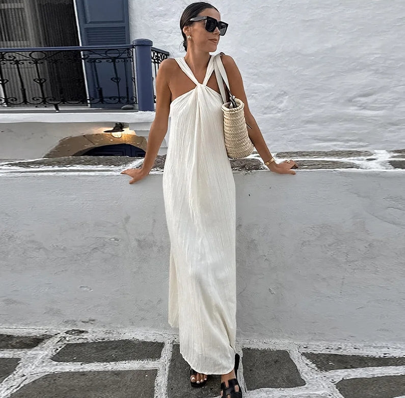 Crinkle Textured Halter Neck Twist Front Sleeveless Flowy Maxi Dress
