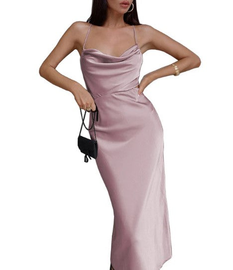 Spaghetti Strap Cowl Neck Side Cut Out Satin Maxi Cocktail Dress - View 4