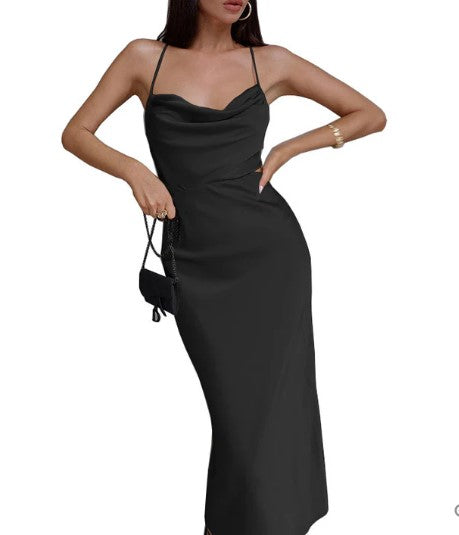 Spaghetti Strap Cowl Neck Side Cut Out Satin Maxi Cocktail Dress