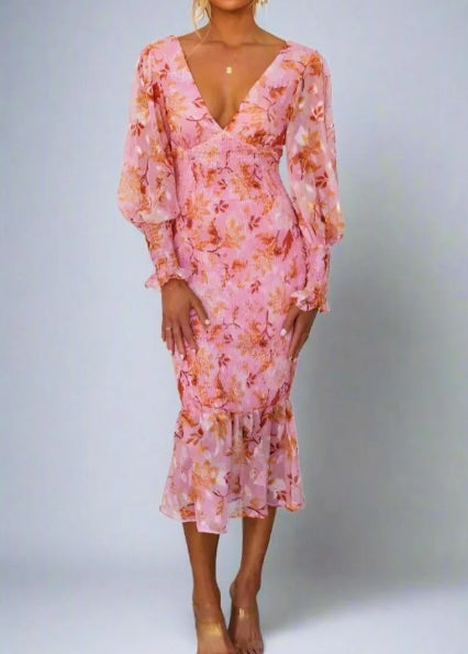 Floral Chiffon Deep V-Neck Long Sleeve Mermaid Midi Dress - View 2