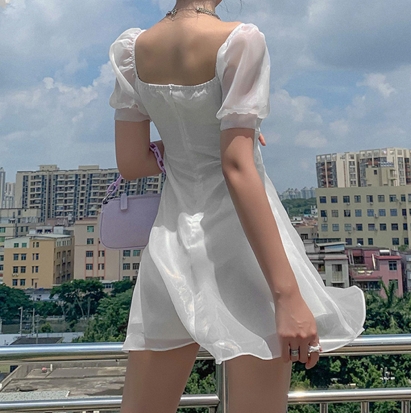 Sheer Puff Sleeve Ruched Tie Front Sweetheart Mini Dress - View 3