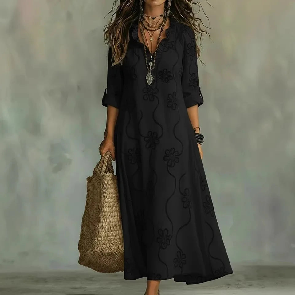 Split Neck Long Sleeve Floral Embroidered Maxi Dress 7