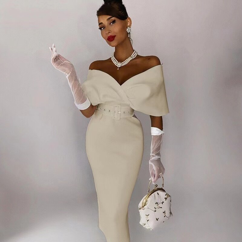 Off Shoulder Structured Collar Belted Bodycon Midi Cocktail Dress